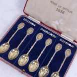 A cased set of 6 silver-gilt presentation spoons, depicting Kings of Britain 1936, George V,