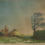 Geoffrey Sneyd Garnier, coloured etching, windy landscape with figures, 12cm x 15cm, framed