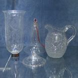 A cut-glass candle lampshade, Antique cut-glass water jug, and 2 oil lamp smut catchers