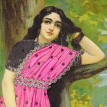 Ravi Varma, silk and silver braid embroidered print, Indian lady standing by a tree, 47cm x 32cm,