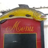 A Vintage carved and painted wood restaurant menu board, overall height 70cm