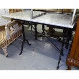 A rectangular marble-top garden table on cast-iron base, W100cm, H72cm, D62cm