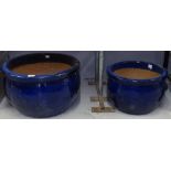 2 blue glazed terracotta garden pots