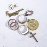 4 8ct gold rings, 3 stone set, an 8ct gold and diamond set pendant, a pair of 8ct gold stone set