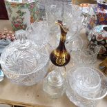 Crystal bon bon dish and cover, 29.5cm, a gilded jug and stopper, glass jugs, vases etc