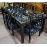 A Chinese design black lacquered and floral decorated rectangular dining table, L198cm, W101cm,