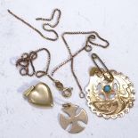 3 pieces of 14ct gold jewellery, to include a box chain (A/F), a heart-shaped pendant and another,