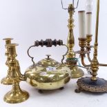 Various brass, including kettle, a pair of candlesticks and lamps
