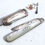 2 Antique silver-bladed and mother-of-pearl fruit knives, another, and a silver combination