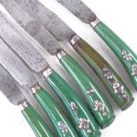 A set of 6 18th century silver inlaid green stained bone-handled table knives, with steel blades