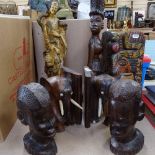 Various African Tribal hardwood carvings, including head sculptures, elephant bookends etc