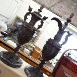 2 Renaissance style patinated brass lamps, comprising converted ewer and urn, high relief lover