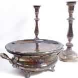 A pair of plated candlesticks, a warming plate, a tankard etc