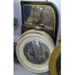 A pair of Vintage convex white-framed wall mirrors, an ebonised and gilded arch-top over mantel