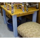 A modern polished and painted pine kitchen table, W122cm