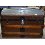 A Victorian dome-top slatted and steelbound travelling trunk, W76cm