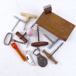 Various Vintage and modern corkscrews, wicker basket etc