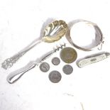 A silver-handled corkscrew, an Art Nouveau silver jam spoon, a silver fruit knife, bangle, coins etc