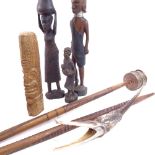 Various African Tribal hardwood carvings, including masks, ornaments, spear tip etc