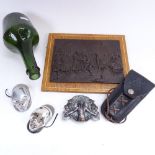 Various collectables, including green glass Benedictine bottle, brass tavern scene plaque,