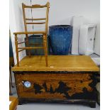 A Victorian stained and painted pine tool chest, W110cm, and an Edwardian hall chair