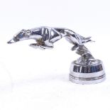 A Vintage chrome plated Delage greyhound car hood mascot ornament, overall length 22cm