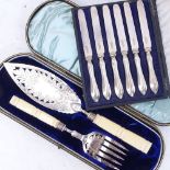 A cased set of Mappin & Webb silver plated butter knives, and a cased Victorian ivory-handled fish