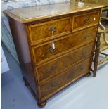 19th century satinwood-banded and crossbanded walnut chest of 2 short and 3 long drawers, on bun