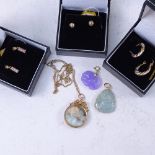 3 pairs of 9ct gold earrings, a 9ct gold pendant and chain, and 2 jade pendants (boxed) (6)