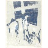 Woodblock print, abstract composition, indistinctly signed in pencil, 1978, image 13" x 10", framed