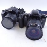 A Canon 400D digital camera, and a Vintage Canon Eos 500 camera, both in soft-shell carrying