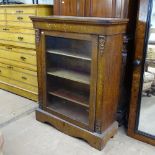 A Victorian walnut and satinwood decorated pier cabinet, single glazed door, on plinth base, W81cm