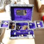 An Indian white metal-clad cantilever jewel box, containing tigers eye necklace, brooch and