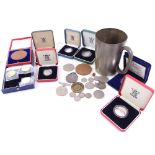 Various proof coins and medals, including Pink Floyd, 1887 American dollar, and some silver