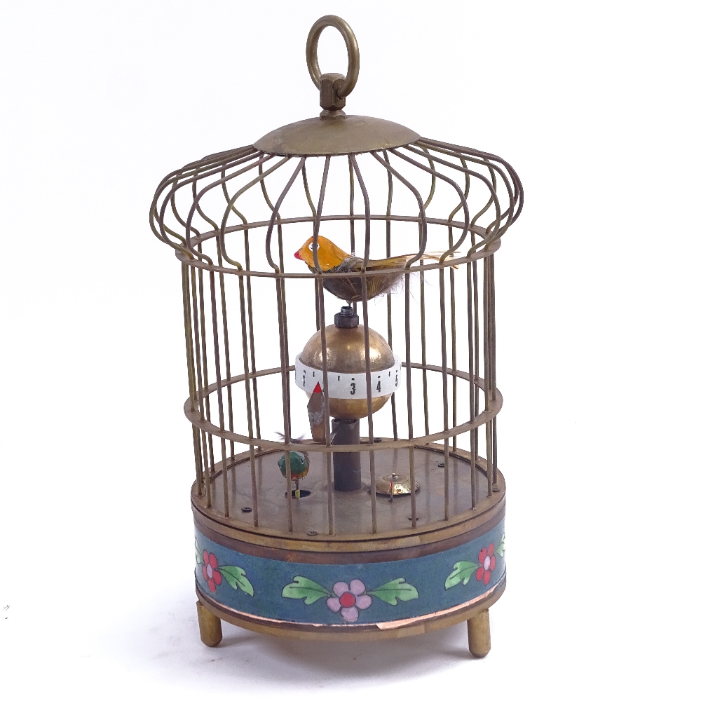 A modern clockwork bird-cage automaton clock, cloisonne enamelled copper waste, overall height 20cm