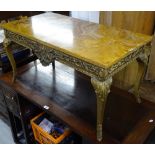 A rectangular marble-top coffee table, on a giltwood base, with applied decoration, W92cm