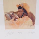 Susan L Crawford, limited edition coloured print, Lester Piggott, signed by jockey and artist,