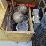 Wrought-iron garden panels, turned wood balls, trolley, wooden weights, and other interesting items