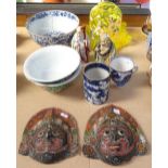 A pair of Eastern painted papier mache masks, height 20cm, 2 figures, Chinese mug, canister etc