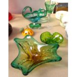 3 Art glass dishes, scent bottle, pig, and a green overlay goblet