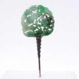 A Chinese relief carved and pierced jade floral hat pin, panel 4cm across