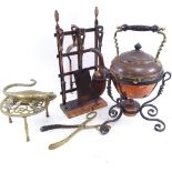 A copper coal bin with turned wood handles, a brass trivet, ornaments etc