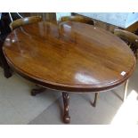 A Victorian mahogany oval loo table, on a carved sabre leg base, W130cm