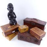 Various Oriental hardwood boxes, a Scandinavian inlaid jewel box, African Tribal fertility figure