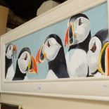 Clive Fredriksson, oil on board, puffins, 30cm x 100cm, framed