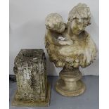 A weathered marble font with cross decoration, H34cm, and a marble bust (A/F) (2)