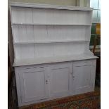 A painted 2-section kitchen dresser, base fitted with 3 cupboard doors, W188cm
