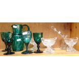 A pair of 19th century Bristol green goblets, 12cm, 2 others, a jug and an elephant design bottle