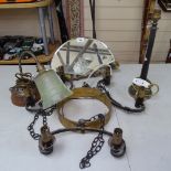 A Vintage Barbola fan-shaped dressing table mirror, and 2 brass lamps (3)