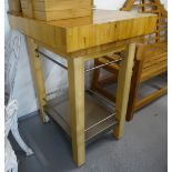 A beech kitchen butcher's block, with a stainless steel shelf, on square legs, W60cm